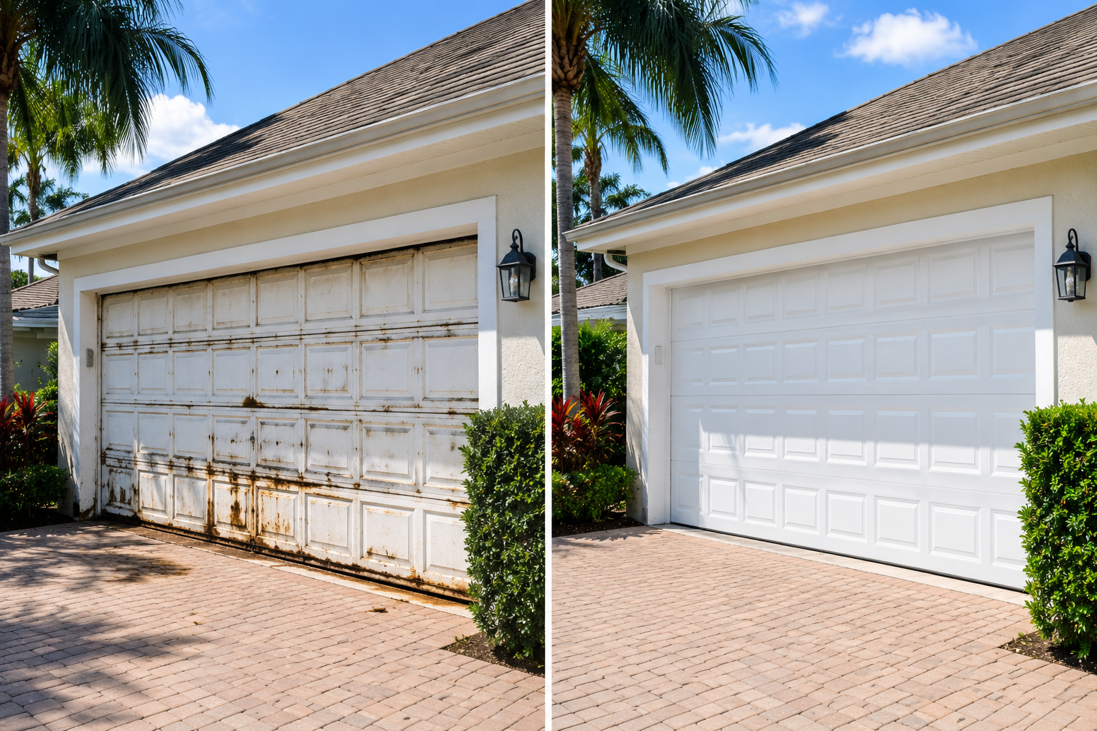 Before and after garage door repair -- Davie, FL